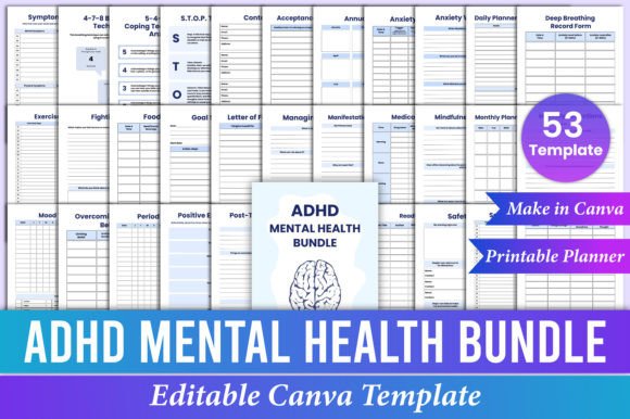 Download ADHD Mental Health Planner Bundle Canva - Mental health Collection